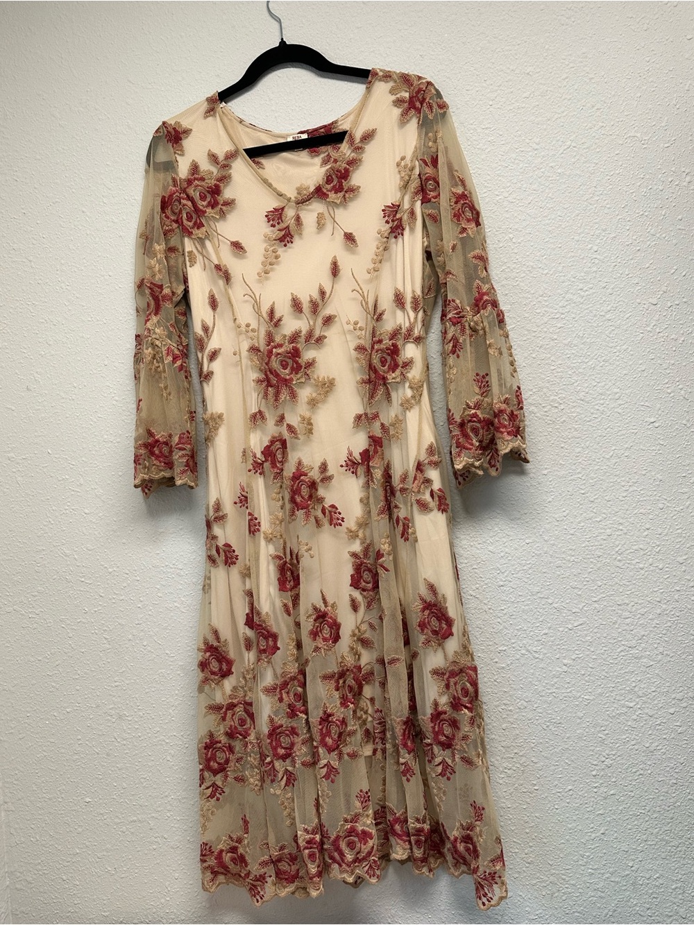 Vintage Cream Fit & Clare Midi Dress with Red Rose Embroidery. Flare Sleeves